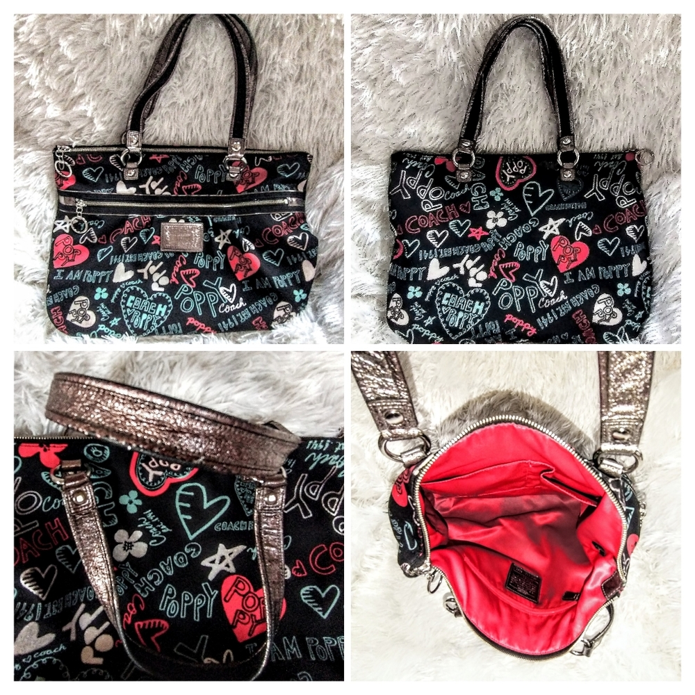 Coach Poppy Graffiti Large Tote Bag Black Red White EUC